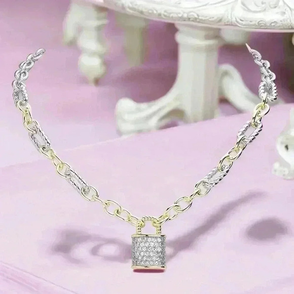 Two Tone Lock Pendant Necklace - Picture 3 of 3